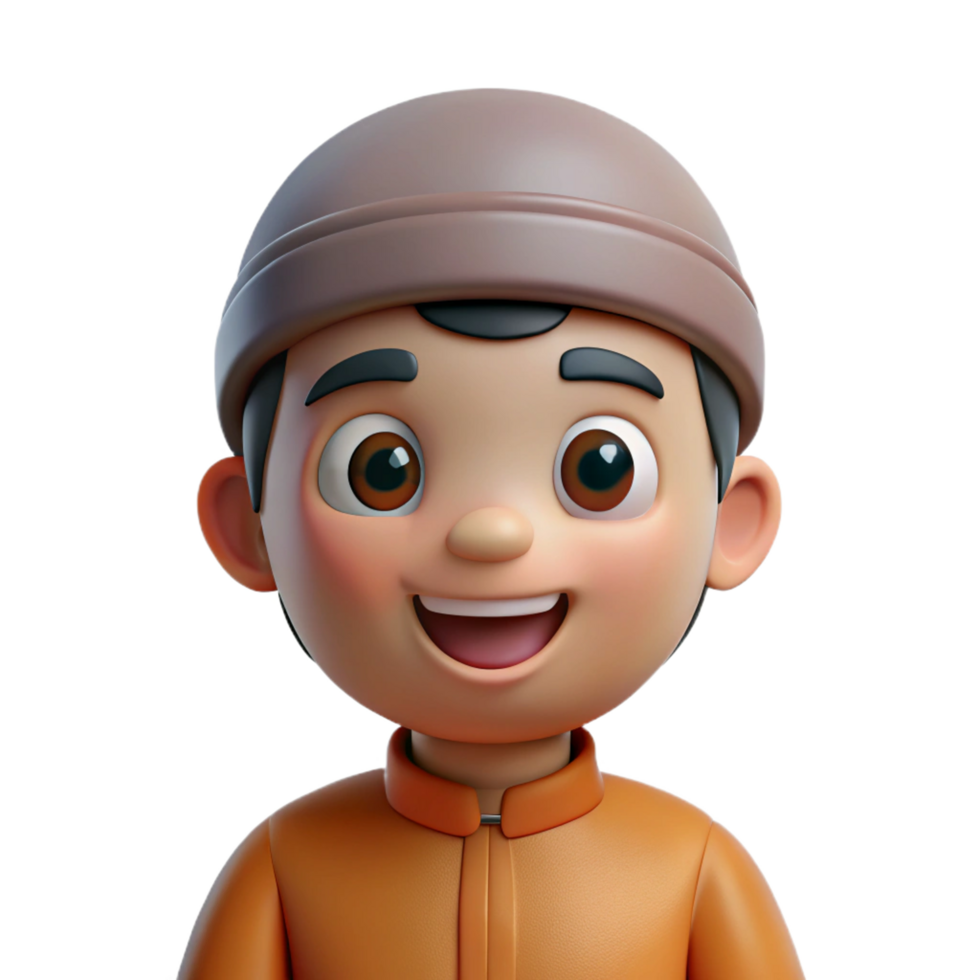 A Happy 3D Render of a Young Muslim Boy Wearing a Kufi Cap and Orange Thobe png