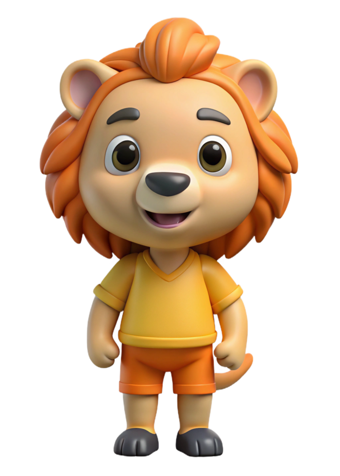 Adorable 3D Render of a Cartoon Lion Cub Wearing Orange Shorts and Shirt png
