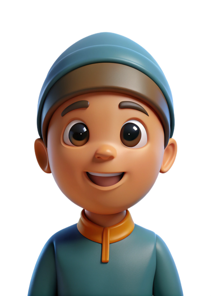 Adorable 3D Render of a Smiling Young Boy Wearing a Teal Knit Cap and Matching Shirt png