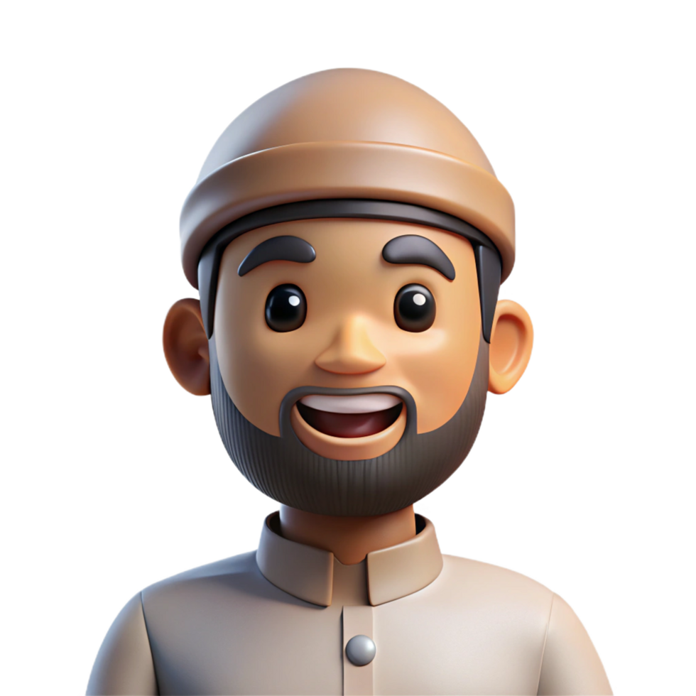 Smiling 3D Render of a Man Wearing a Beige Kufi Cap and Shirt png