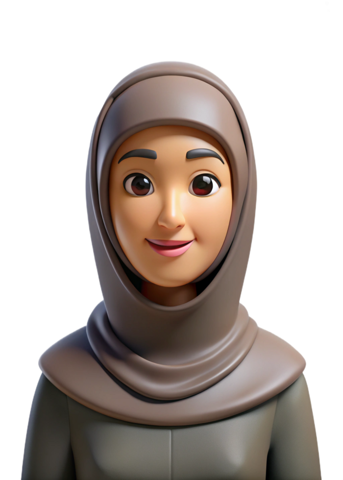 3D Render of a Smiling Woman Wearing a Taupe Hijab and Abaya png