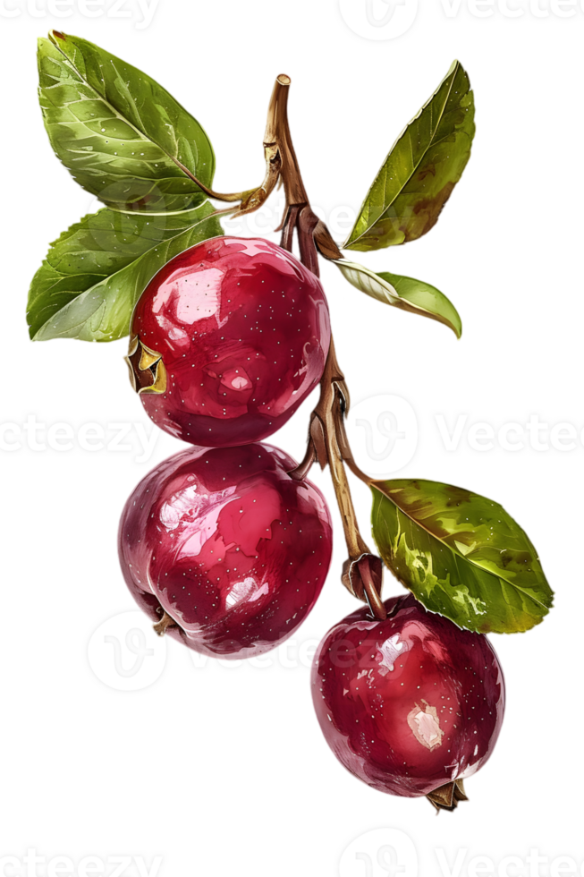 Three Red Apples Hang from a Branch with Green Leaves Watercolor Illustration on a Transparent Background Suitable for Food and Nature Themed Designs png