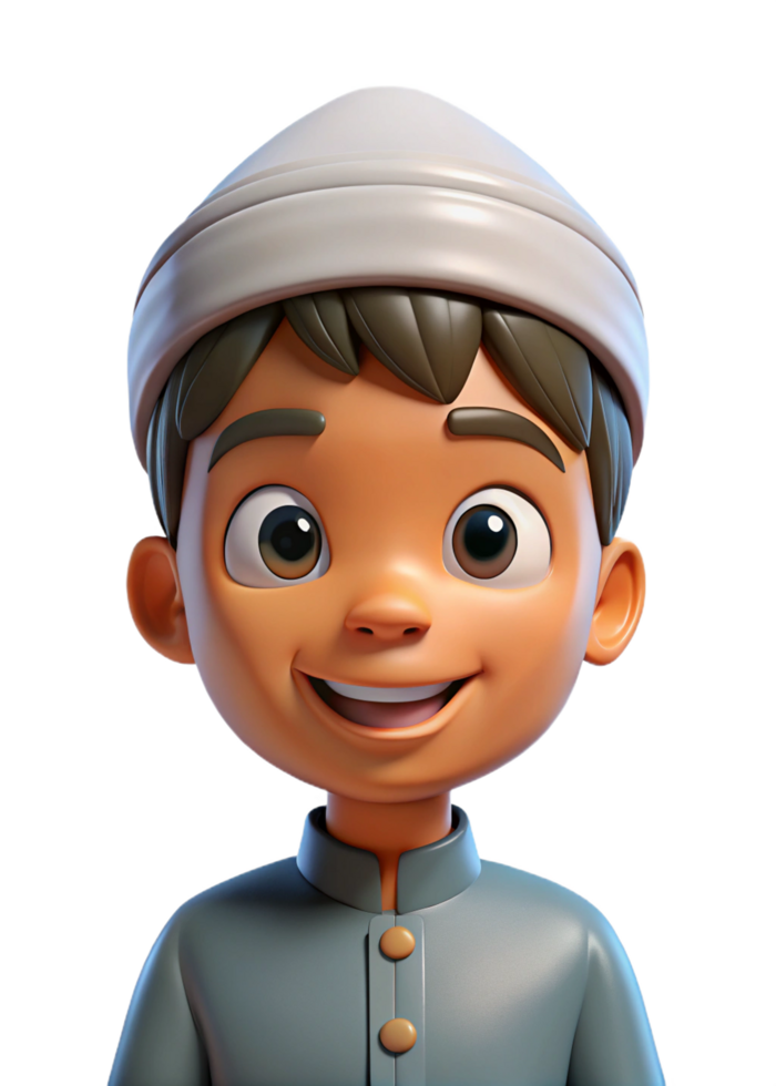 Adorable 3D Render of a Smiling Muslim Boy Wearing a Traditional White Kufi Cap and Gray Thobe png