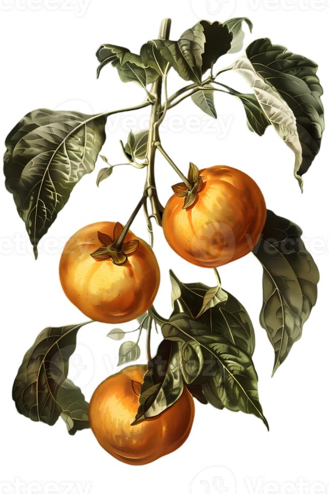 Three Ripe Orange Persimmons Hanging on Branch with Green Leaves Botanical Illustration on Transparent Background png