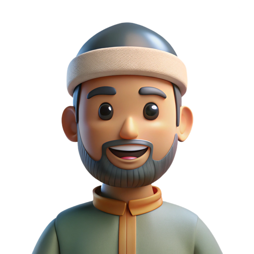 Smiling 3D Render of a Muslim Man Wearing a Traditional Thobe and Kufi Cap png