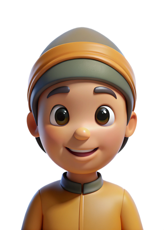 Adorable 3D Render of a Smiling Boy Wearing a Traditional Muslim Hat and Outfit png