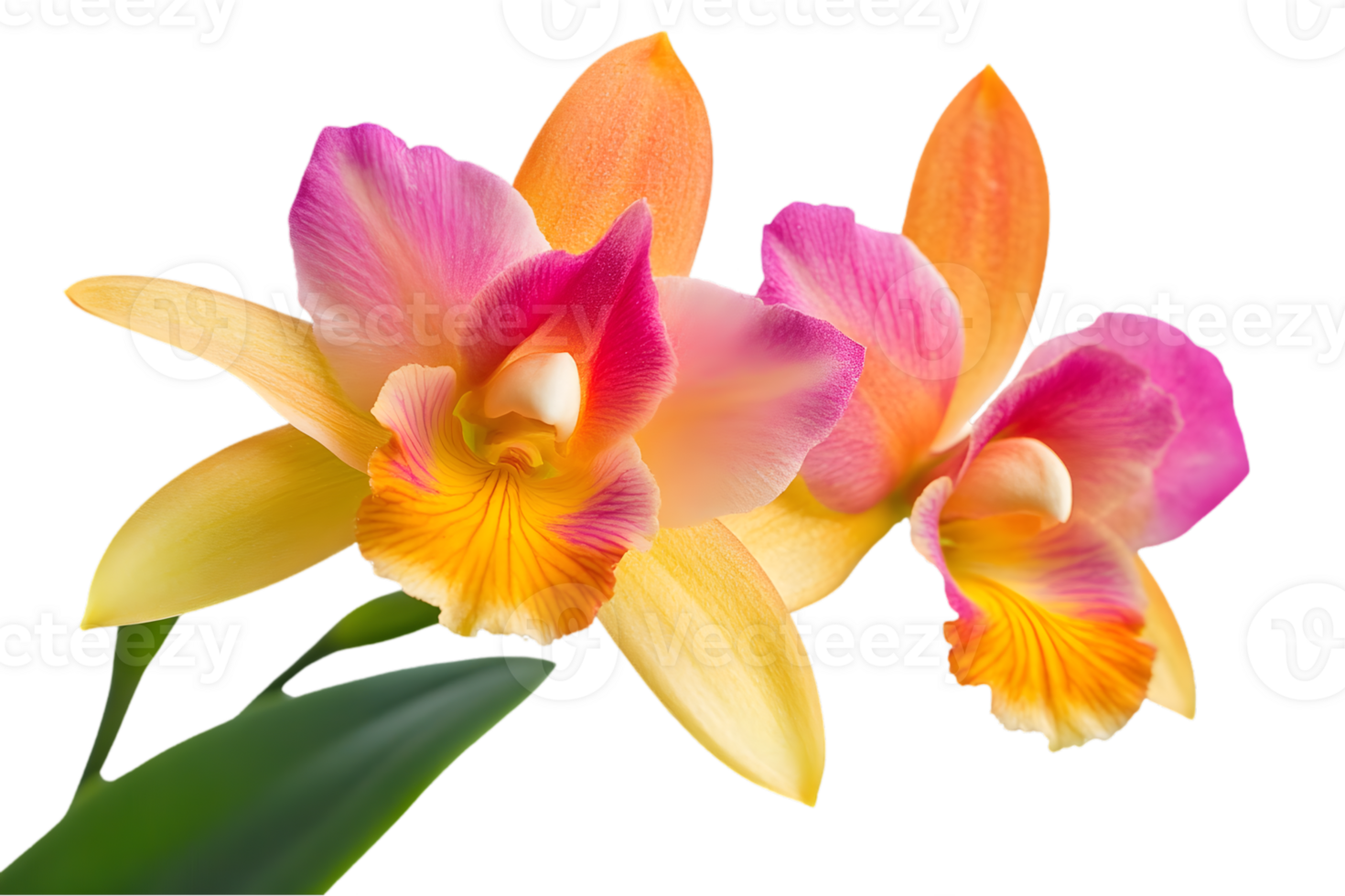 Three Vibrant Orchids with Yellow Pink and Orange Petals Isolated on Transparent Background with Intricate Details png