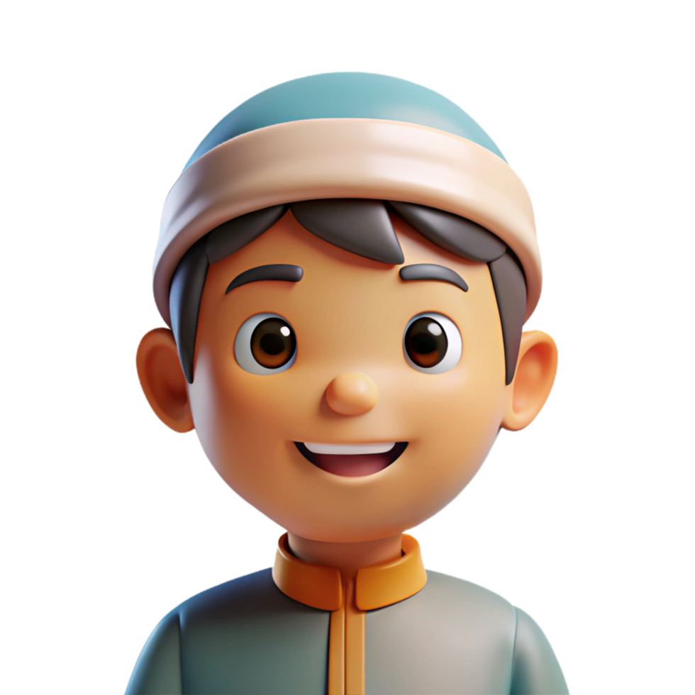 Adorable 3D Render of a Smiling Young Muslim Boy Wearing a Traditional Cap and Thobe png