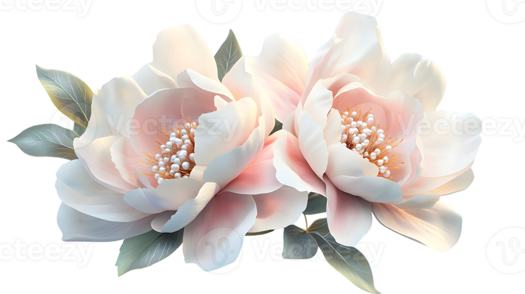 Two Elegant Soft Pink and White Flowers with Delicate Petals and Leaves on Transparent Background png