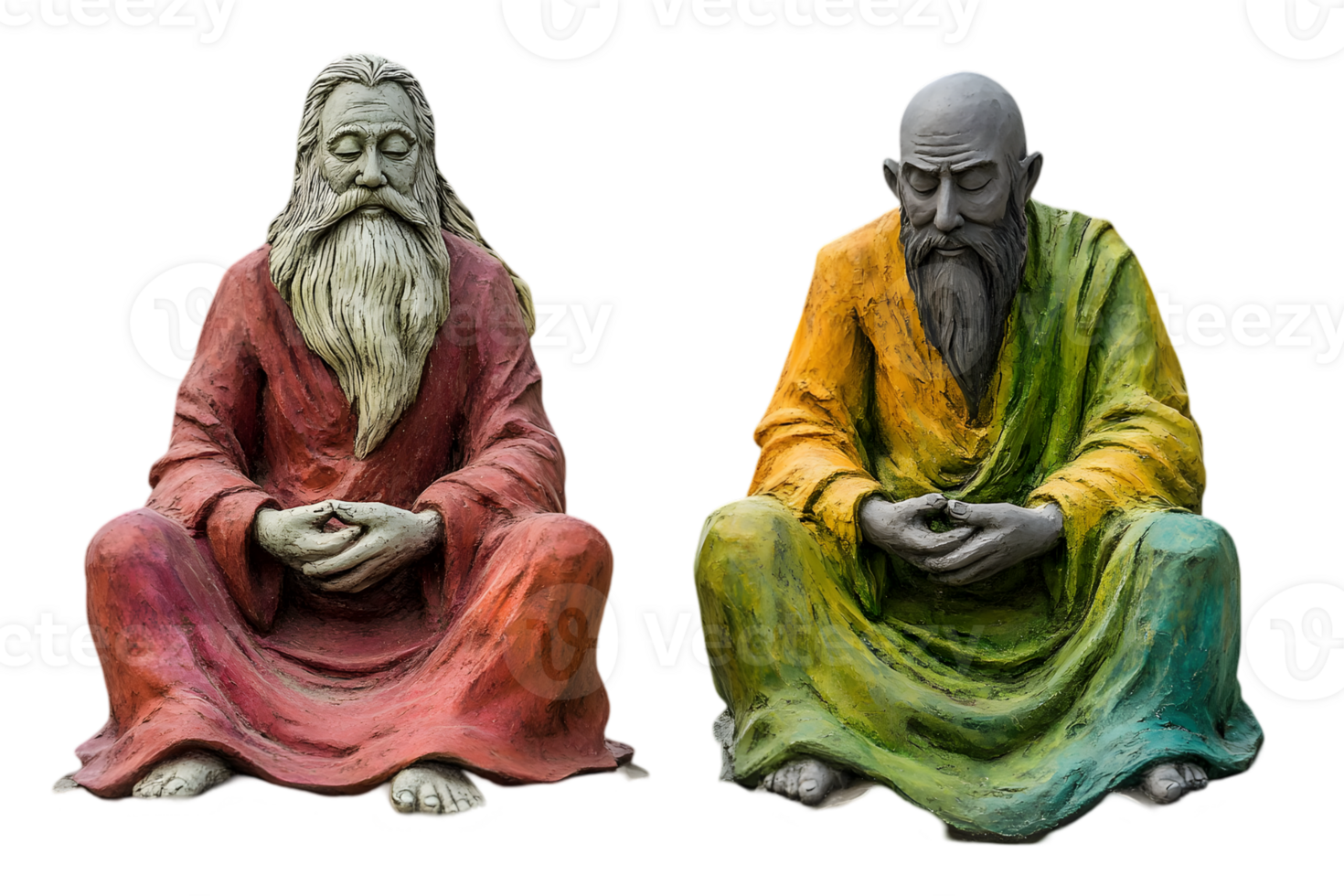 Two Colorful Buddha Statues in Meditation Pose Isolated on Transparent Background Depicting Spirituality and Ancient Wisdom png