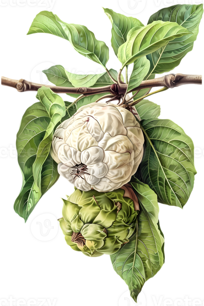 Two Apples Hanging from Branch with Green Leaves and Transparent Background Botanical Illustration png