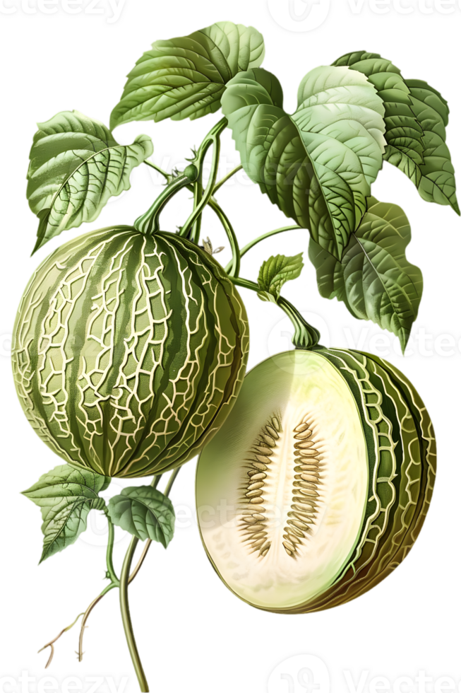 Two Cantaloupe Melons One Cut Open with Seeds and Leaves on Black Background Botanical Illustration png