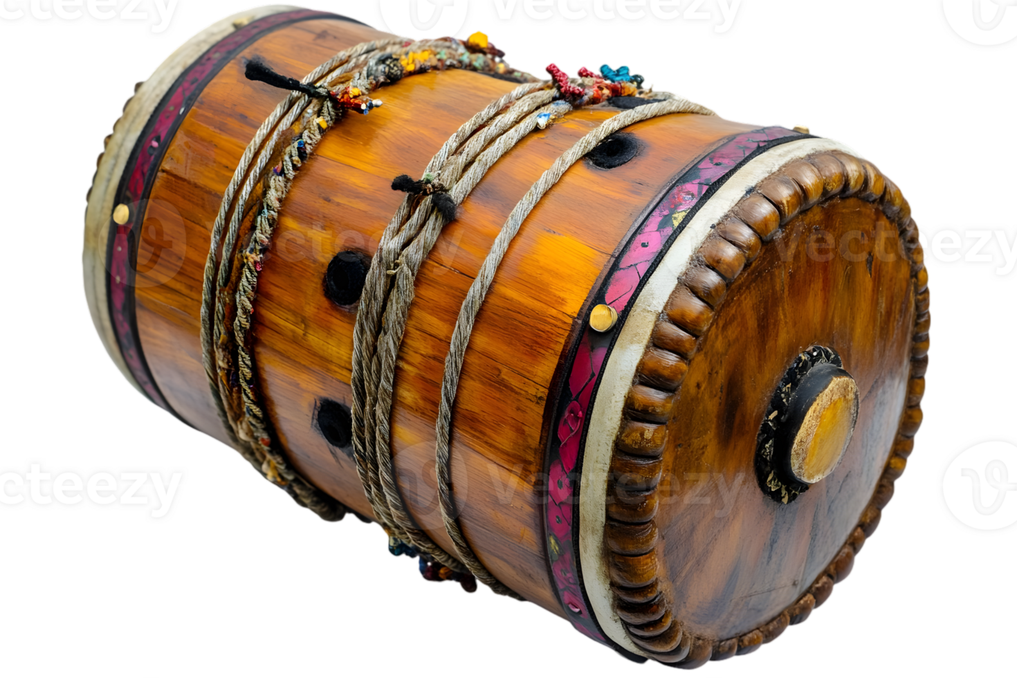 Traditional Wooden Drum with Ropes and Colorful Accents Against Transparent Backdrop Studio Shot png