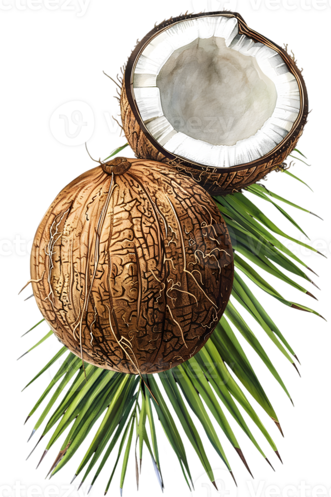 Two Coconuts with Green Palm Leaf on a Transparent Background Close Up Still Life png