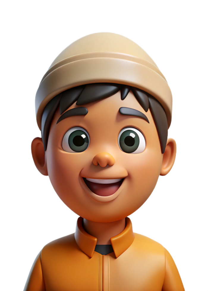 A cheerful 3D rendered cartoon boy wearing an orange shirt and beige cap png