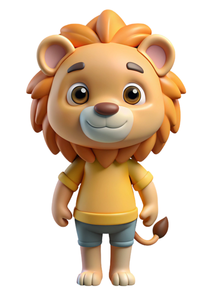 Adorable 3D Render of a Cartoon Lion Cub Wearing a Yellow Shirt and Blue Shorts png