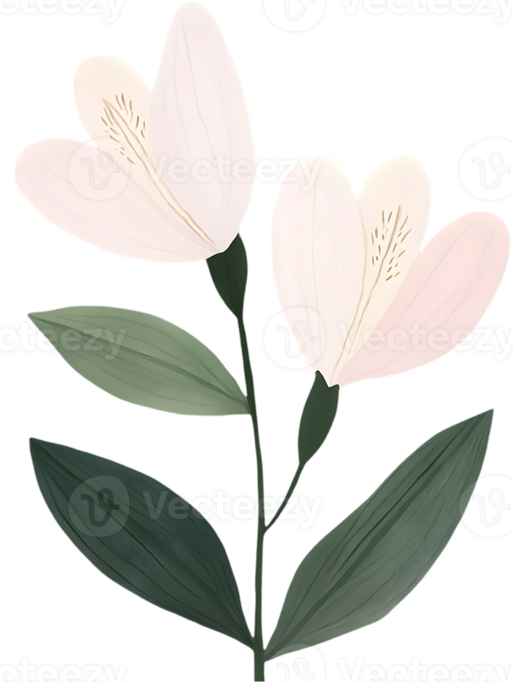Two Pale Pink Flowers with Green Leaves Illustration on Transparent Background Spring Floral Decoration png