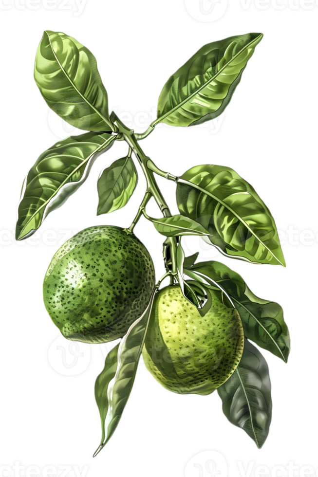 Two Green Citrus Fruits on Branch with Leaves Isolated on Transparent Background Botanical Illustration Style png