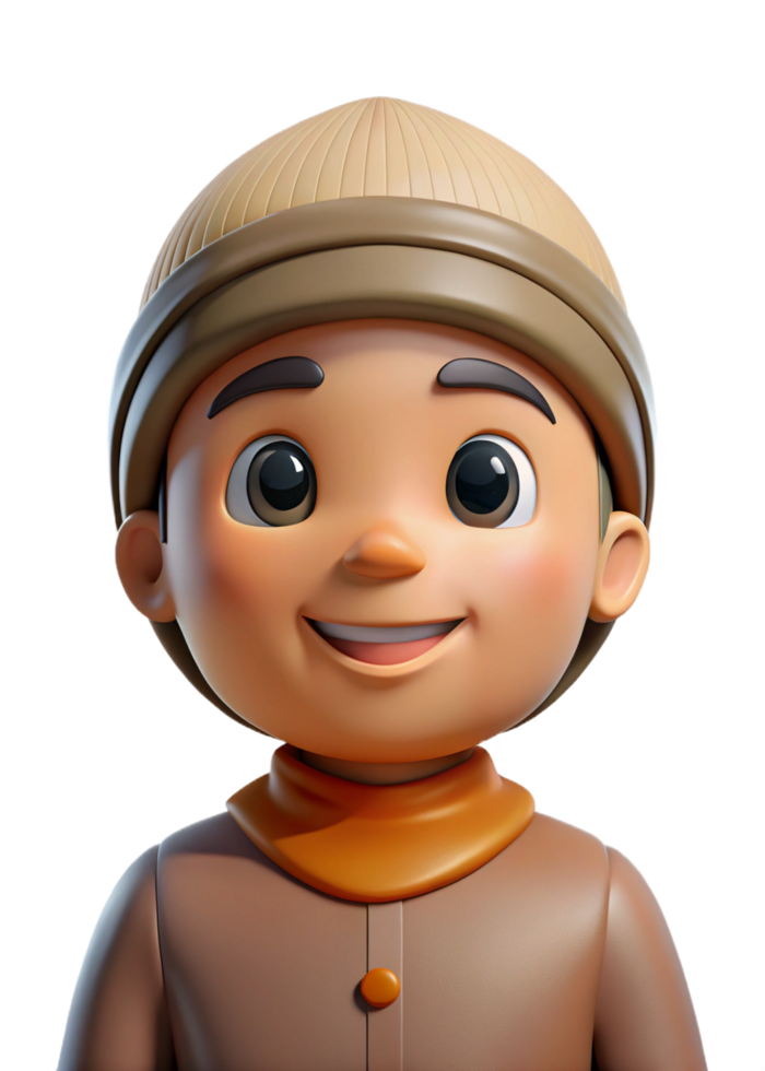 Adorable 3D Render of a Smiling Boy Wearing a Knit Hat and Brown Coat png