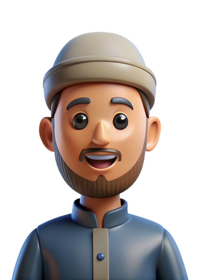 Smiling 3D Render of a Man Wearing a Traditional Muslim Hat and Thobe png