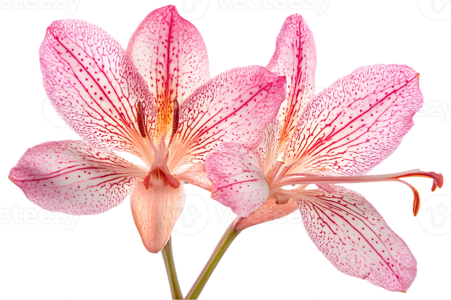 Two Pink Stripped Alstroemeria Flowers on Transparent Background a Delicate Floral Arrangement with Intricate Patterns png