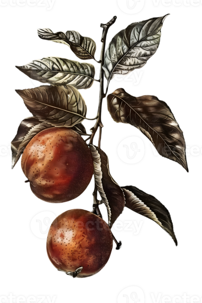 Two Red Apples on Branch with Green Leaves Isolated on Transparent Background Still Life Botanical Illustration in Vintage Style png
