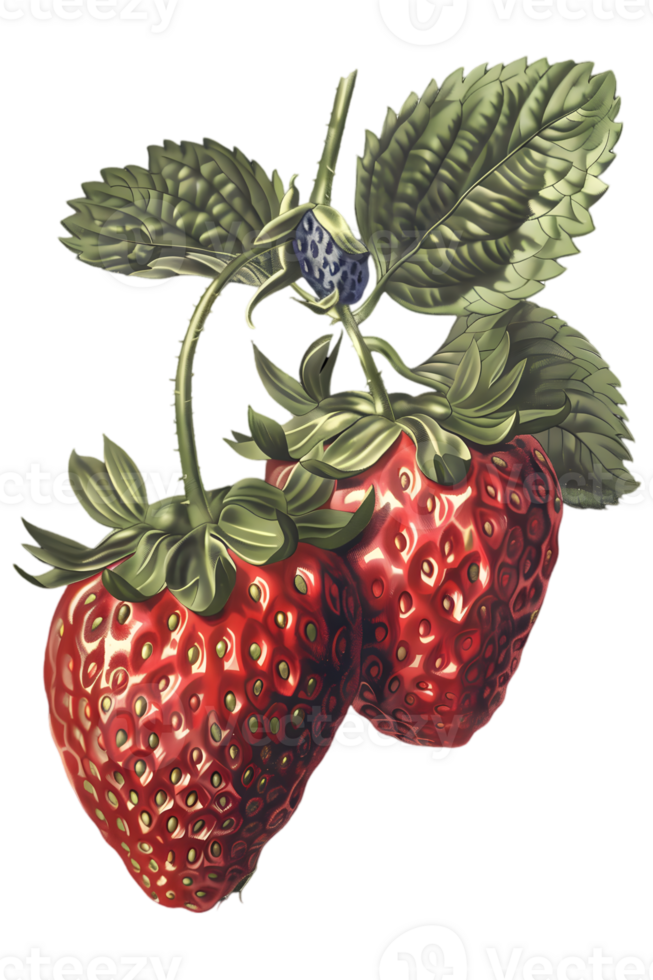 Two Red Strawberries with Green Leaves on a Transparent Background Detailed Botanical Illustration Still Life Artwork for Healthy Eating and Organic Produce png