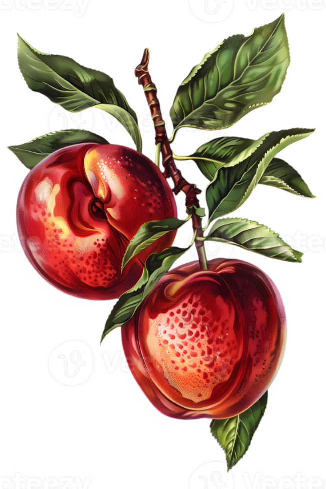 Two Red Peaches on a Branch with Green Leaves Isolated on Transparent Background png
