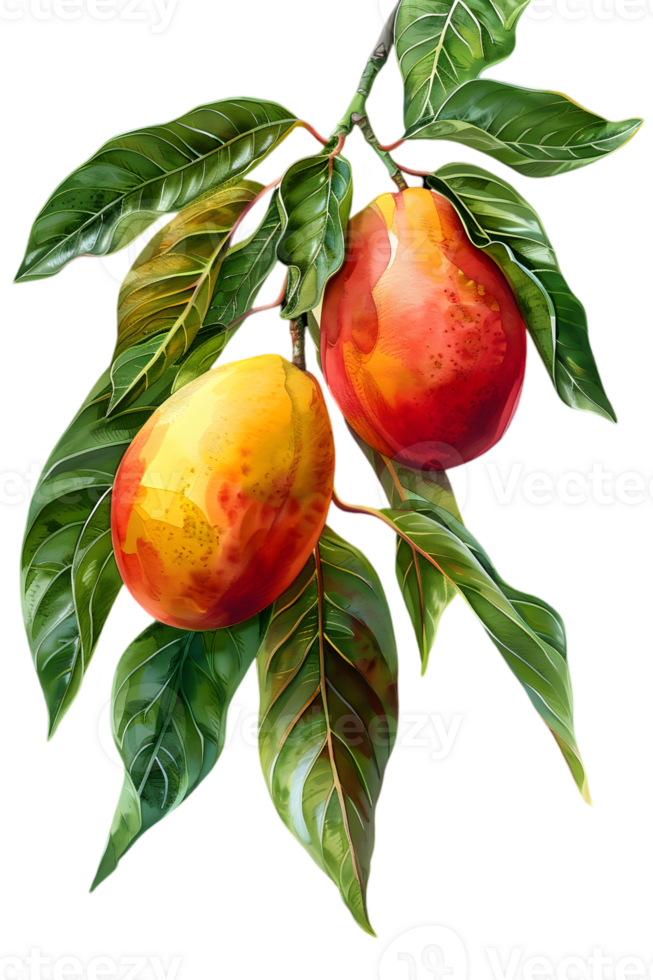 Two Ripe Pears Hanging on a Tree Branch with Green Leaves Watercolor Artwork on a Transparent Background png