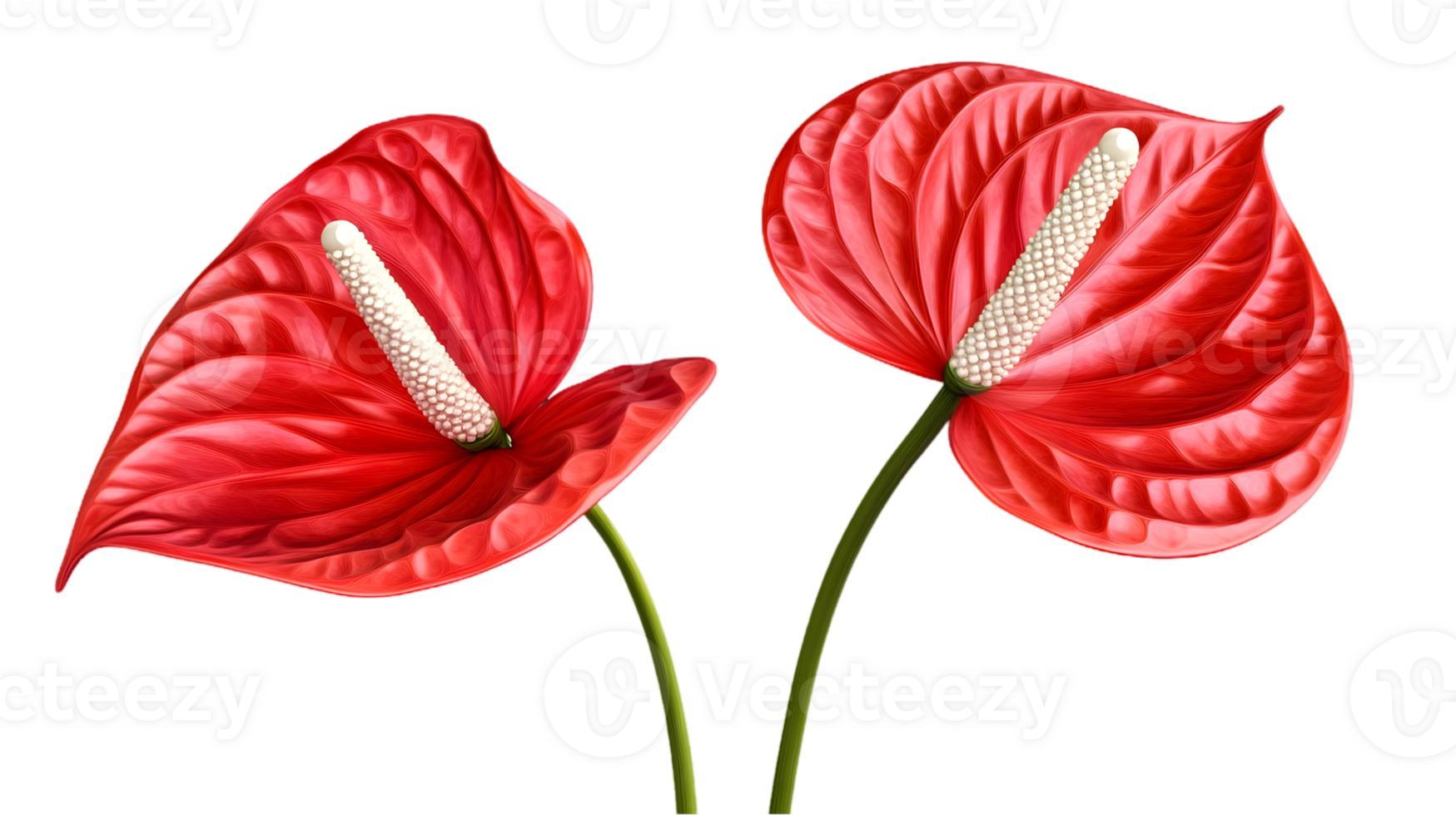 Two Vibrant Red Anthurium Flowers with White Spadix and Green Stems on Transparent Background png