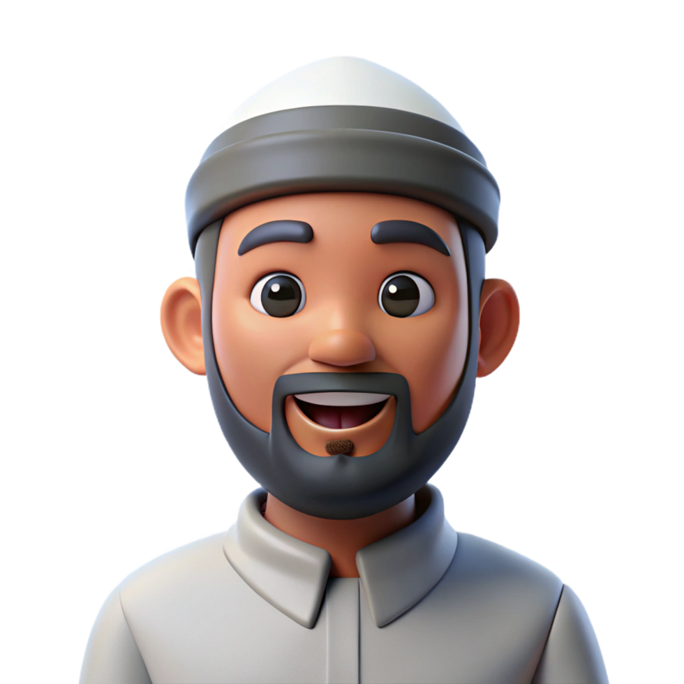 Joyful 3D Render of a Smiling Muslim Man Wearing a Traditional Kufi Cap png