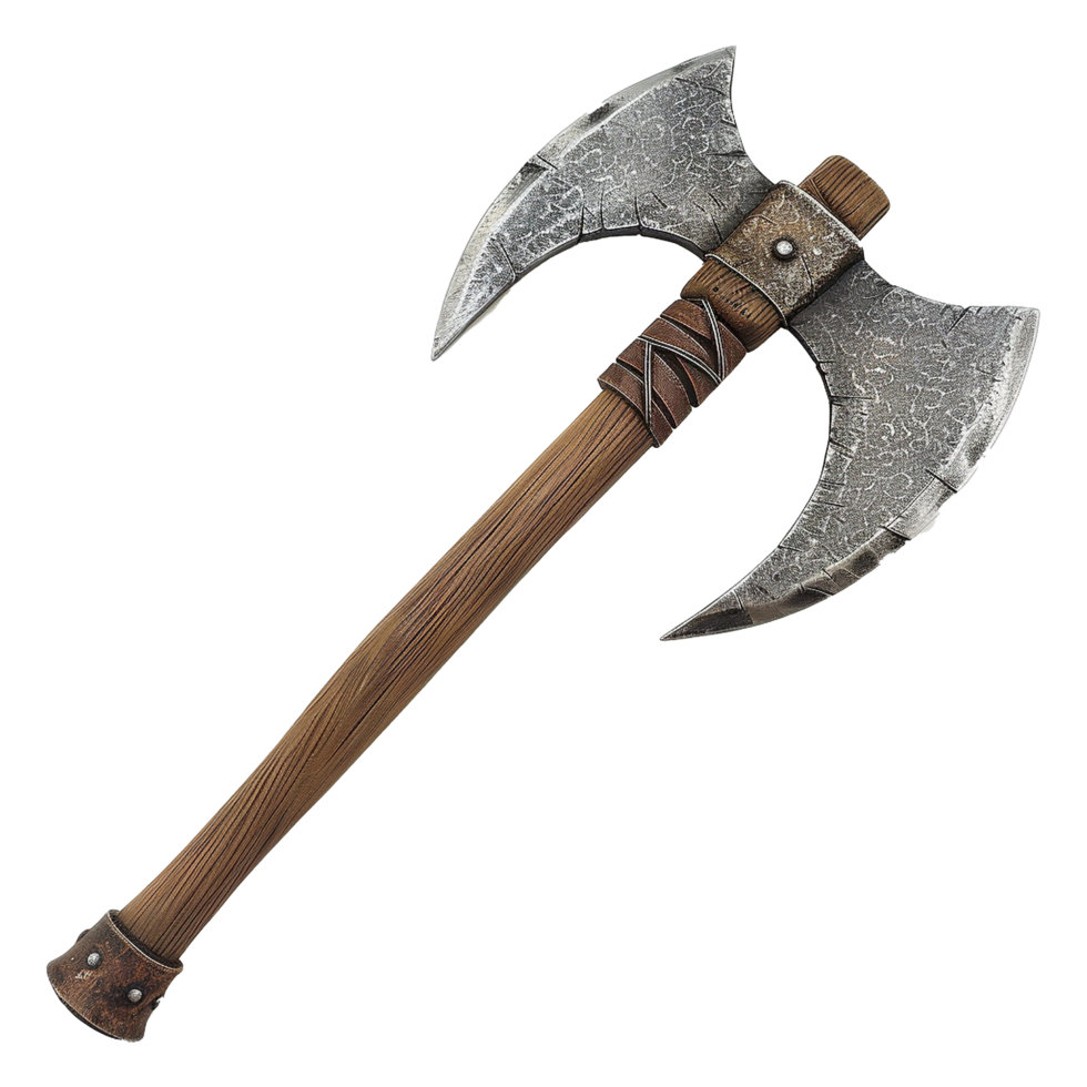 A detailed image of a medieval doubleheaded battle axe with a wooden handle and a weathered metal head png
