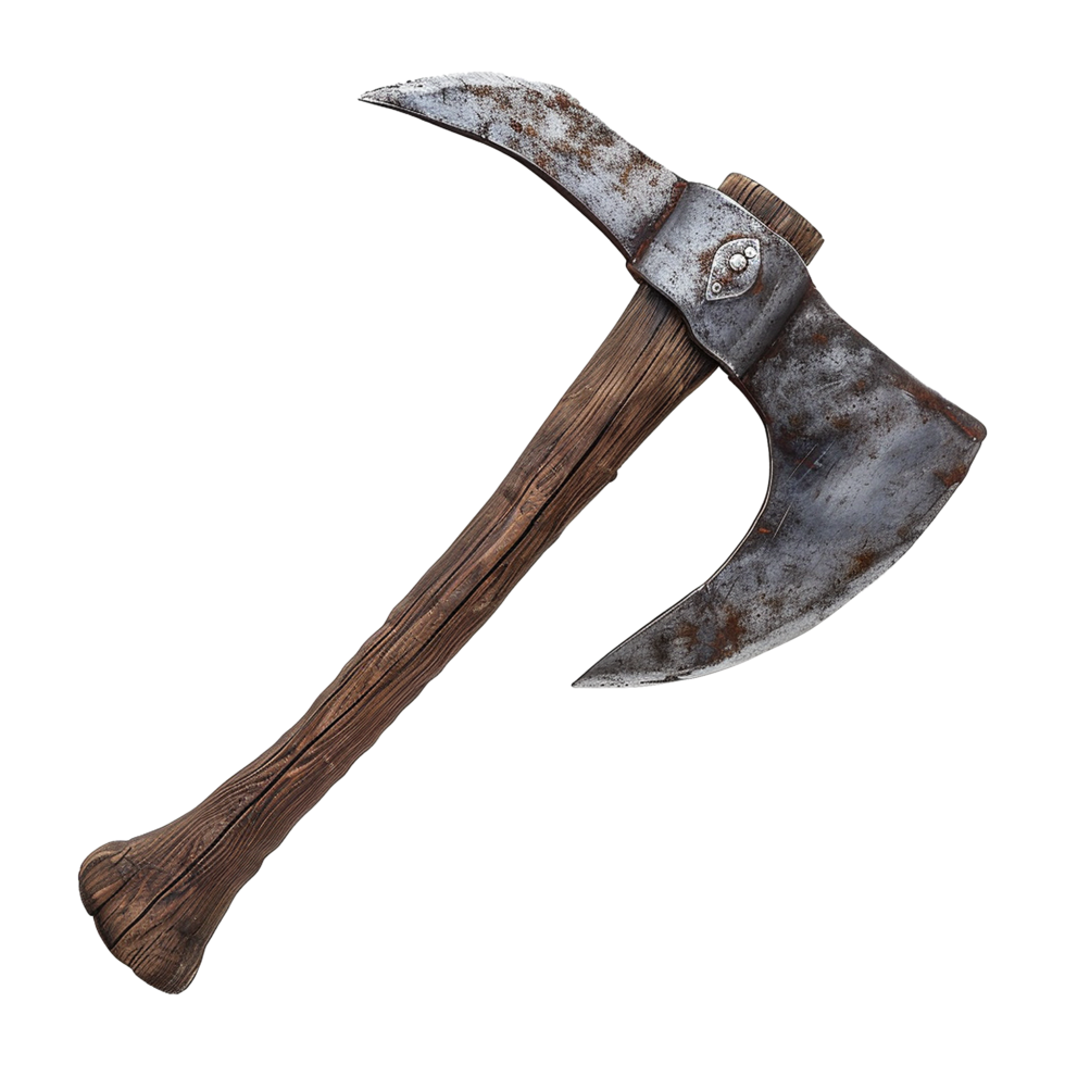 Ancient Rustic Weathered Double Bit Axe with Wooden Handle Isolated on White Background png