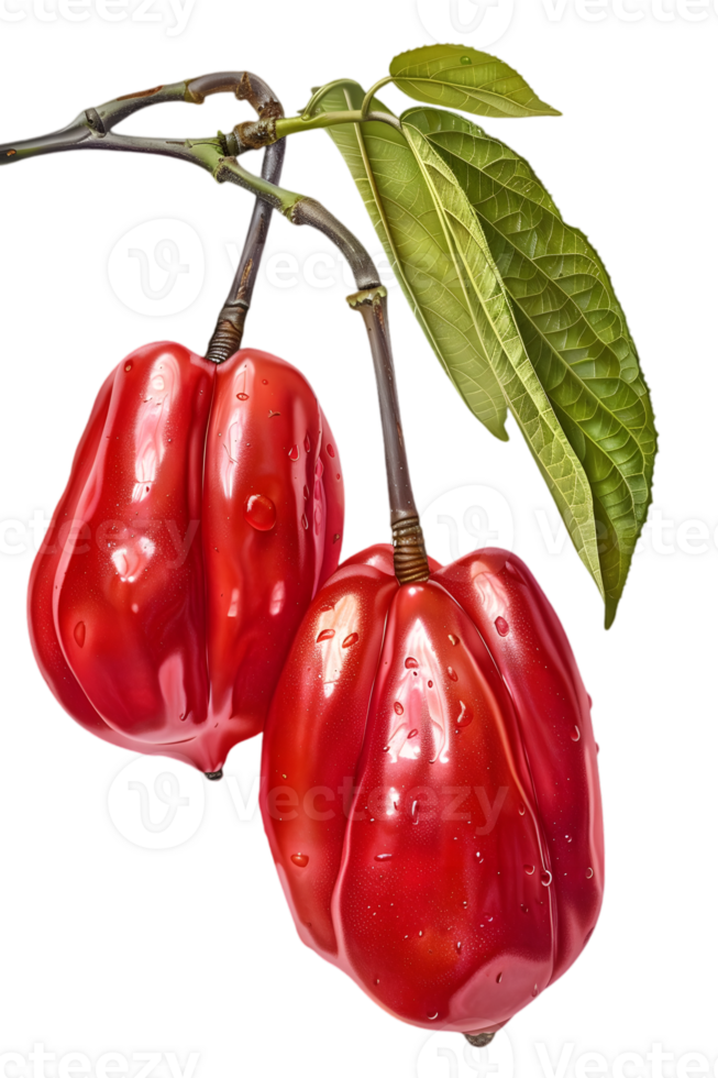 Two Vibrant Red Fruits Hanging on a Branch with Water Droplets and Green Leaves on a Transparent Background png