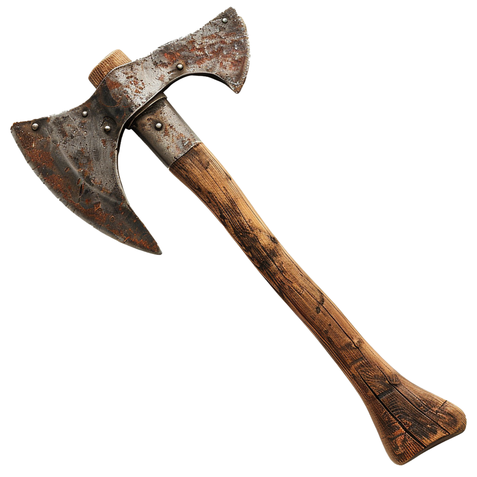 Ancient Rusty Double Bit Axe with Wooden Handle, Medieval Weapon, Historical Artifact, Rustic Tool, Vintage Axehead, Weathered Wood, Old Rusty Axe png