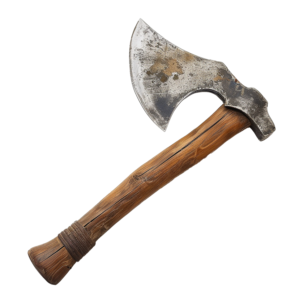 A Rustic Handcrafted Viking Axe with a Distressed Steel Head and a Wooden Handle png