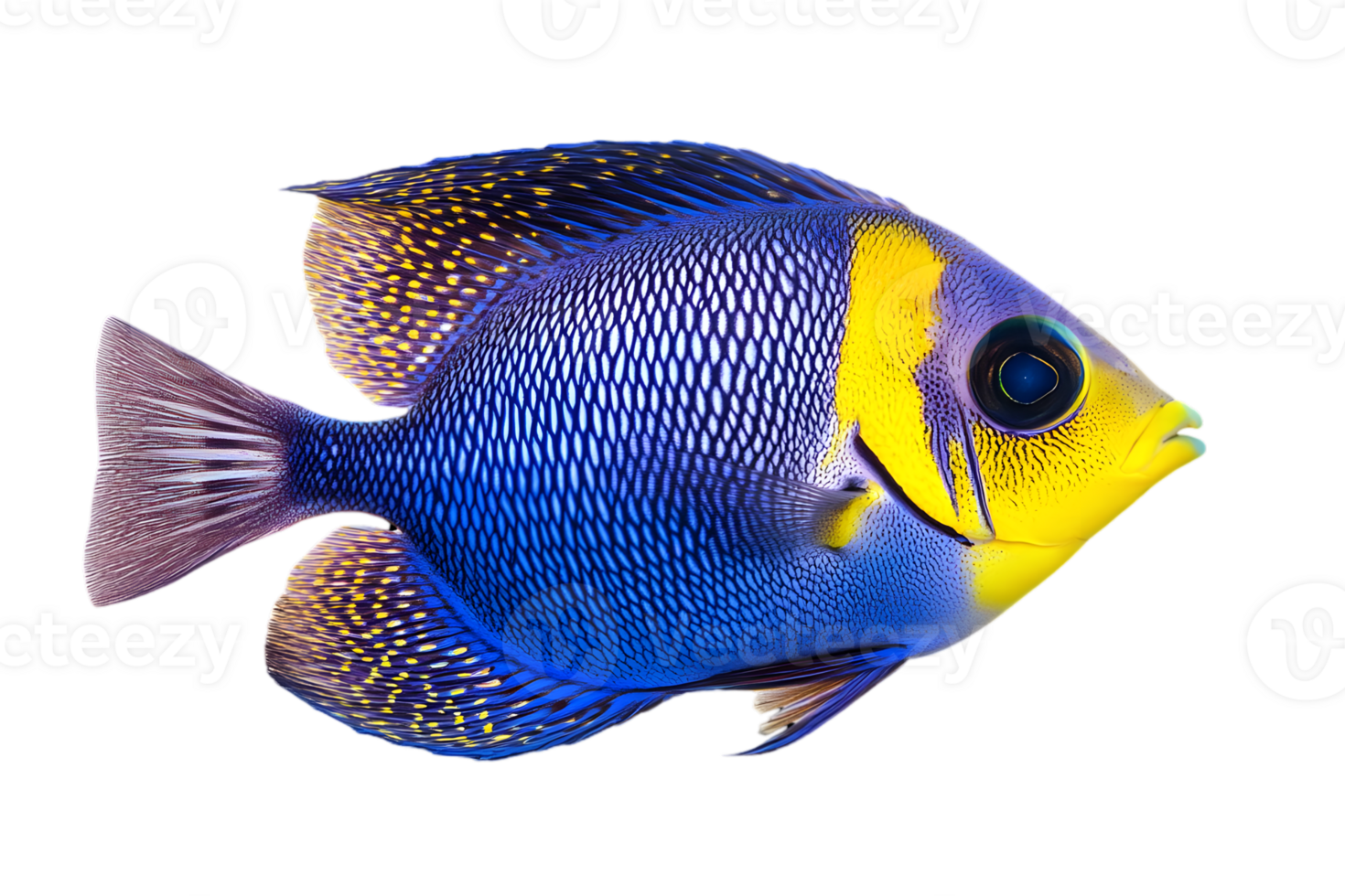 Vibrant Angelfish with Blue and Yellow Pattern Isolated on Transparent Background Displaying Colorful Scales and Fin Details in a Detailed Studio Shot png