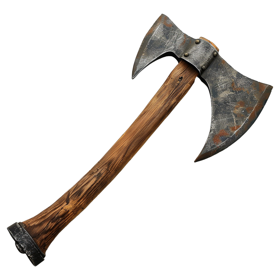 weathered doublebit battle axe with a rustic wooden handle png