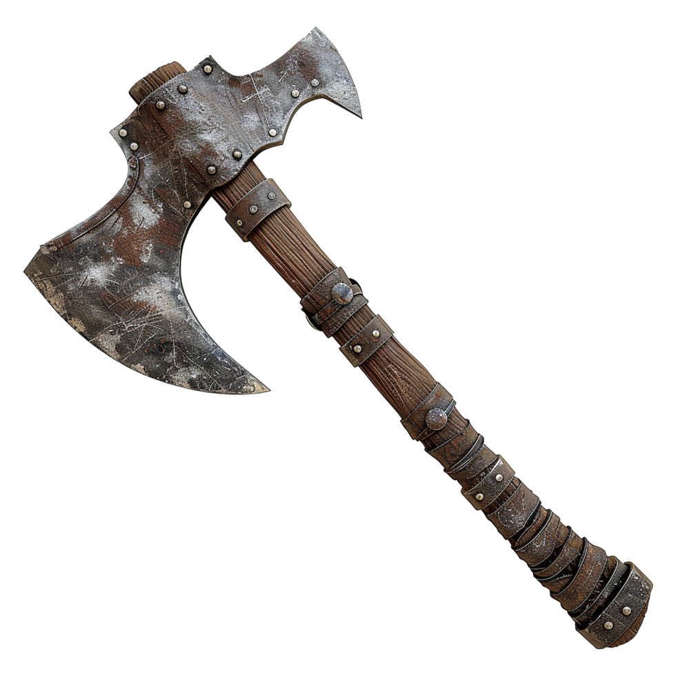 A weathered battleready barbarian axe with a rustic wooden handle and metal bands png