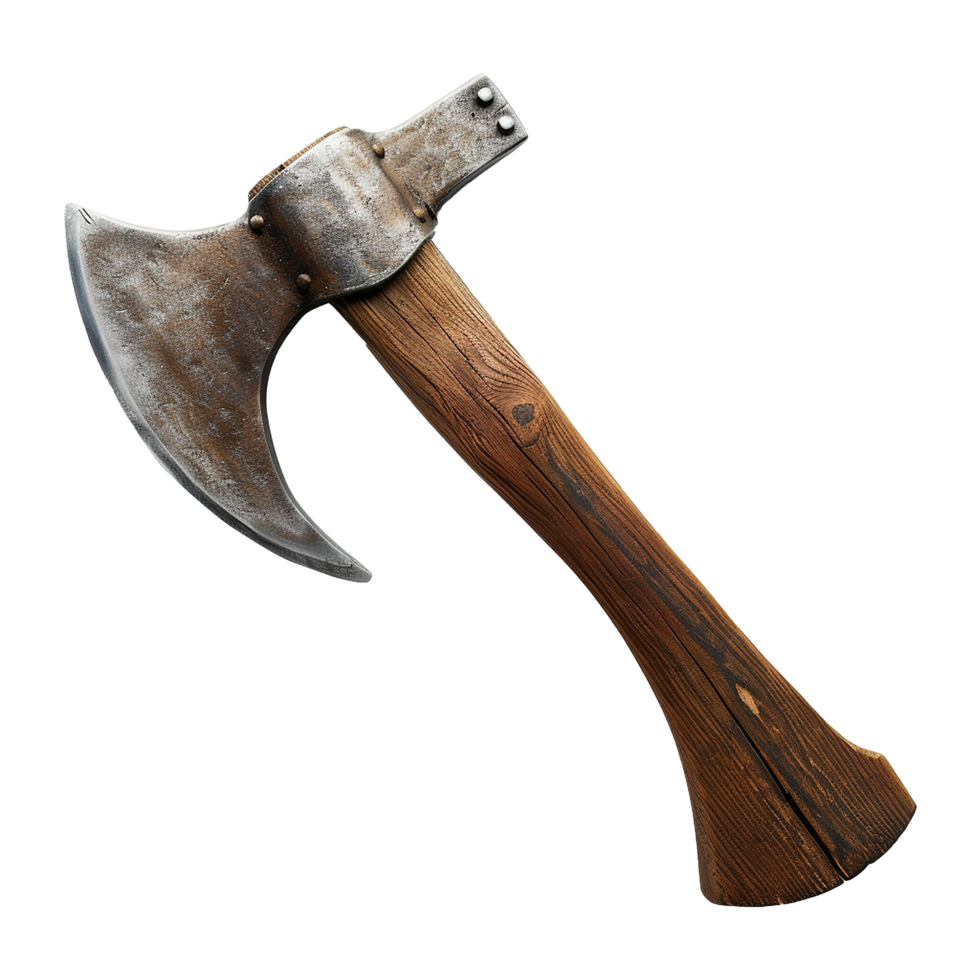 A weathered medievalstyle doublebit axe with a rustic wooden handle png