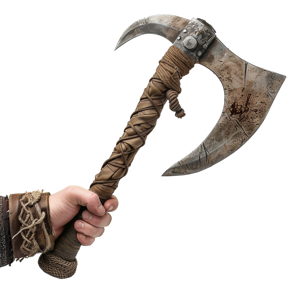 A weathered battle axe with a leatherwrapped handle held firmly in a strong hand png