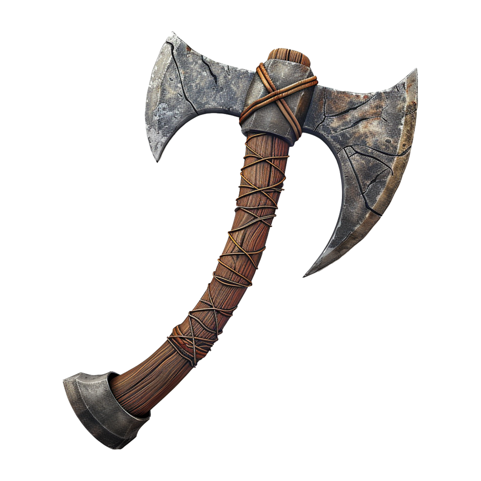 Ancient Double Bit Axe with Wooden Handle and Leather Wrap png