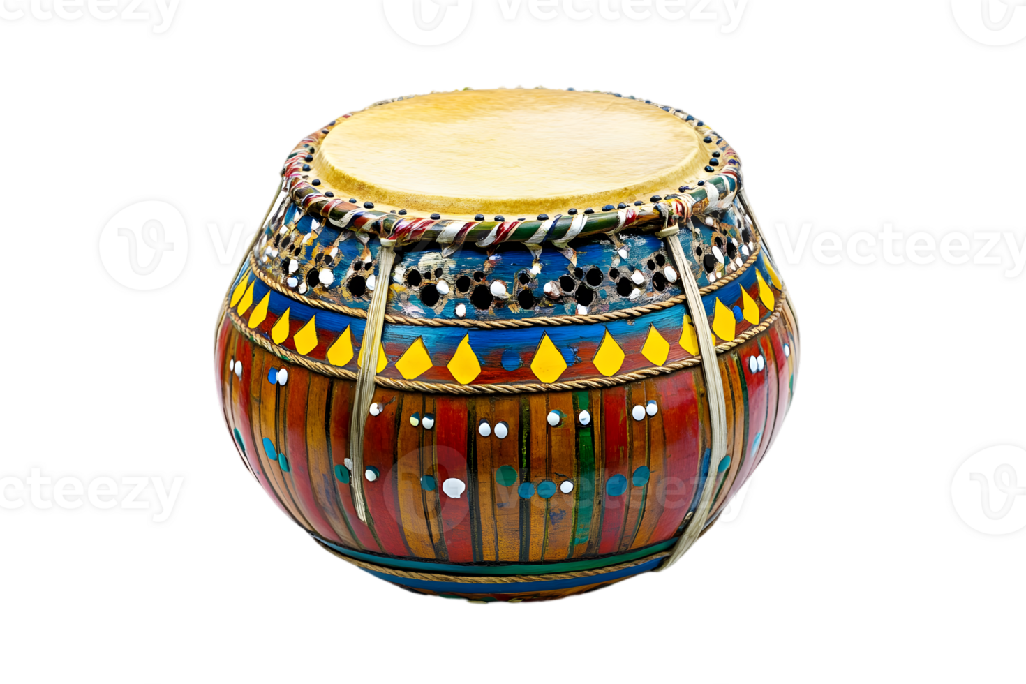 Vibrant Detailed Traditional Drum with Ornate Painted Design on Transparent Background png