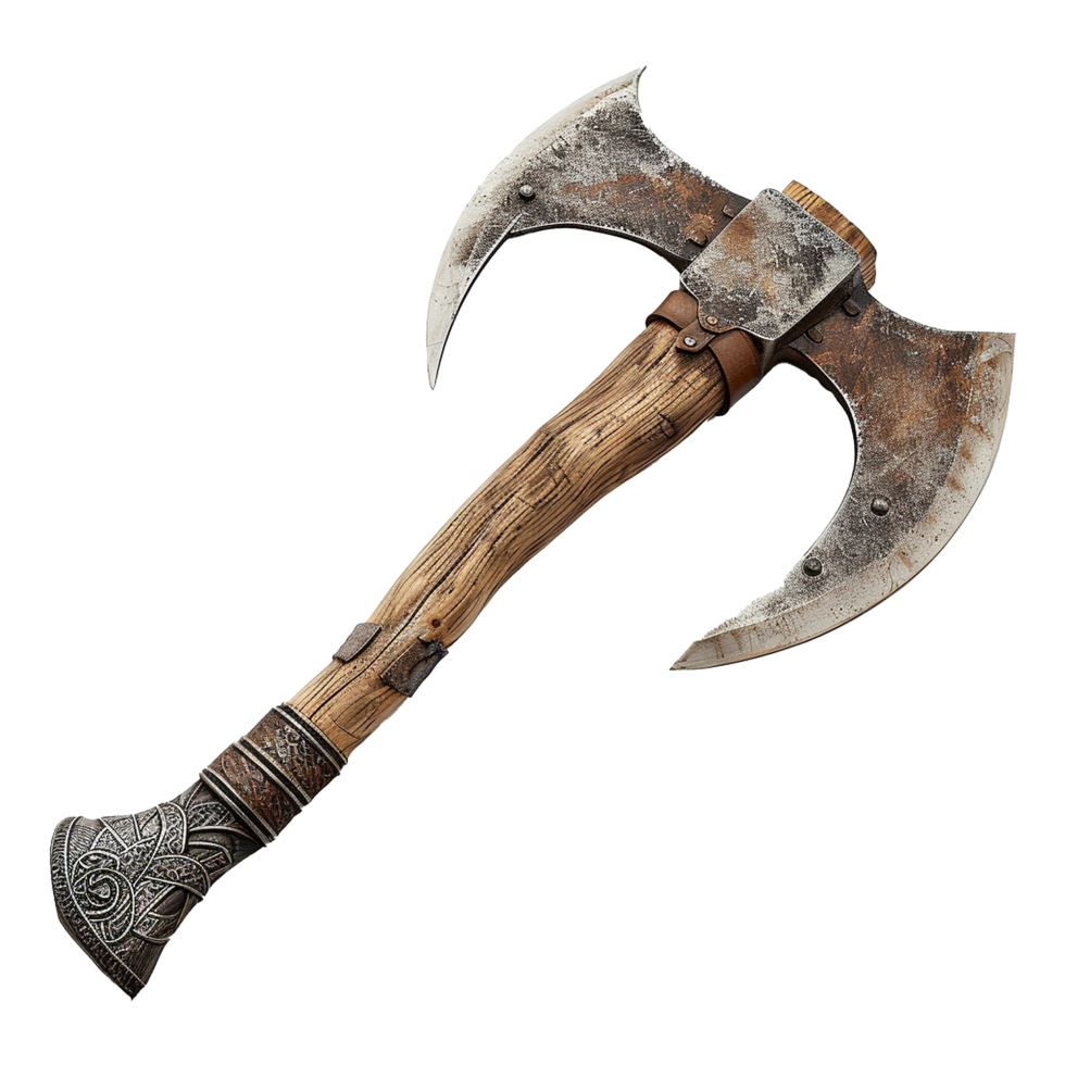 Ancient Double Bit Axe with Ornate Hilt and Weathered Blades, Medieval Weapon Replica, Fantasy Battle Axe, Rustic Wood Handle, Decorative Collectible png