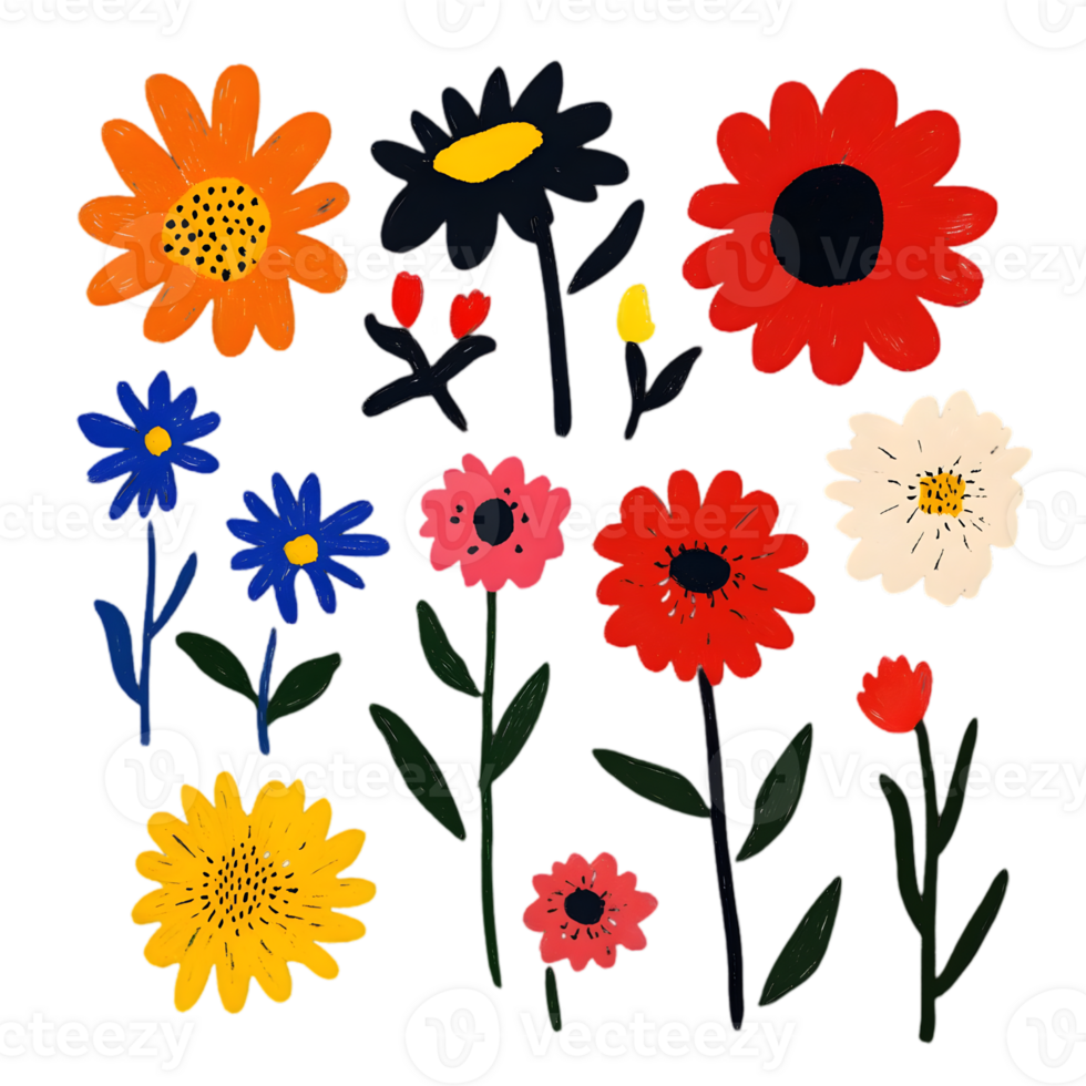 Vibrant Floral Illustration with Various Colors and Styles Isolated on Transparent Background Ideal for Creative and Decorative Projects png