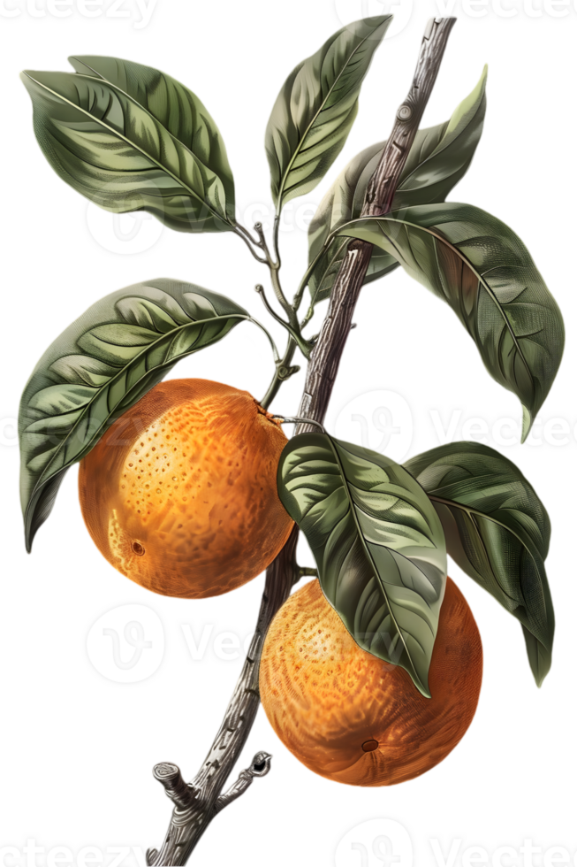 Two Ripe Oranges Hanging on a Branch with Green Leaves Illustration on Transparent Background png