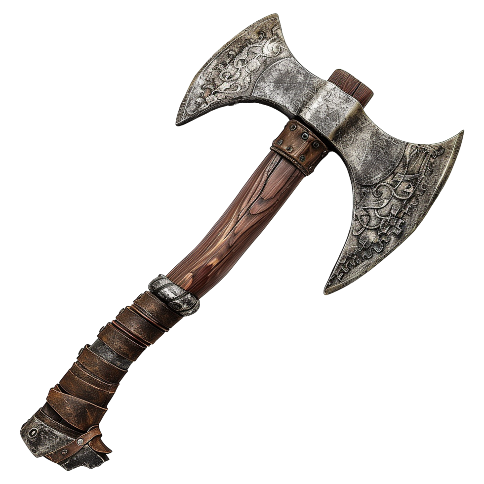 Ornate Double Bit Axe with Leather Wrapped Handle and Metal Accents png