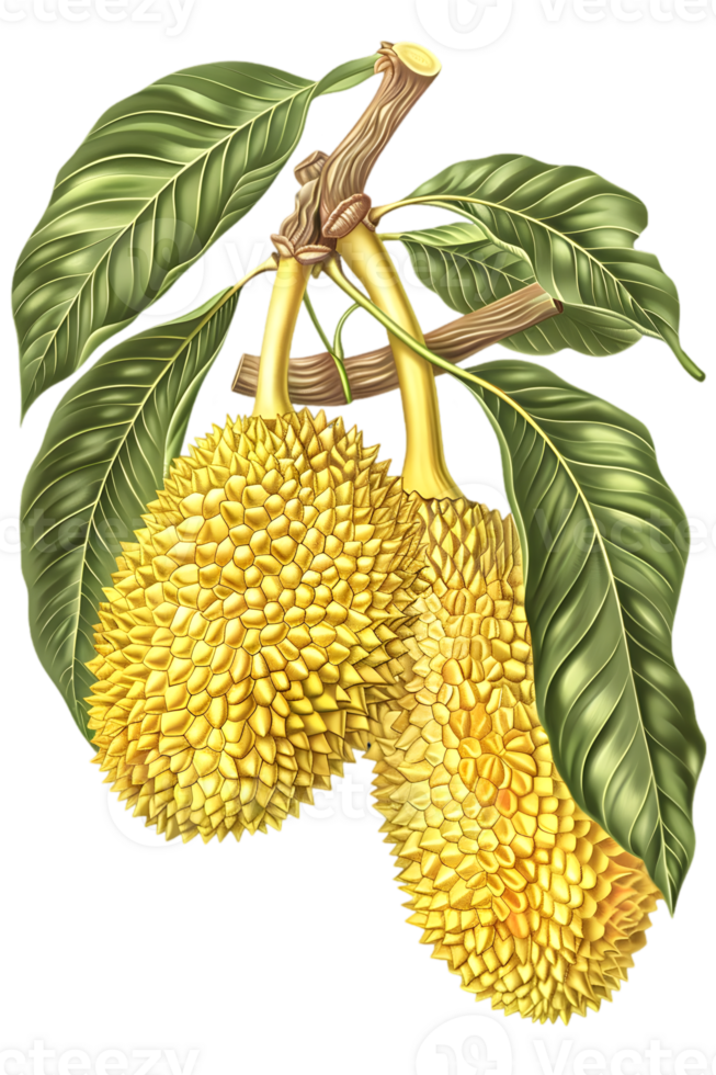Two Jackfruits Hanging From Branch with Green Leaves Isolated on Transparent Background Close Up png