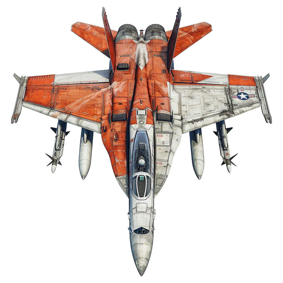 TopDown View of a Weathered Orange and White Fighter Jet png