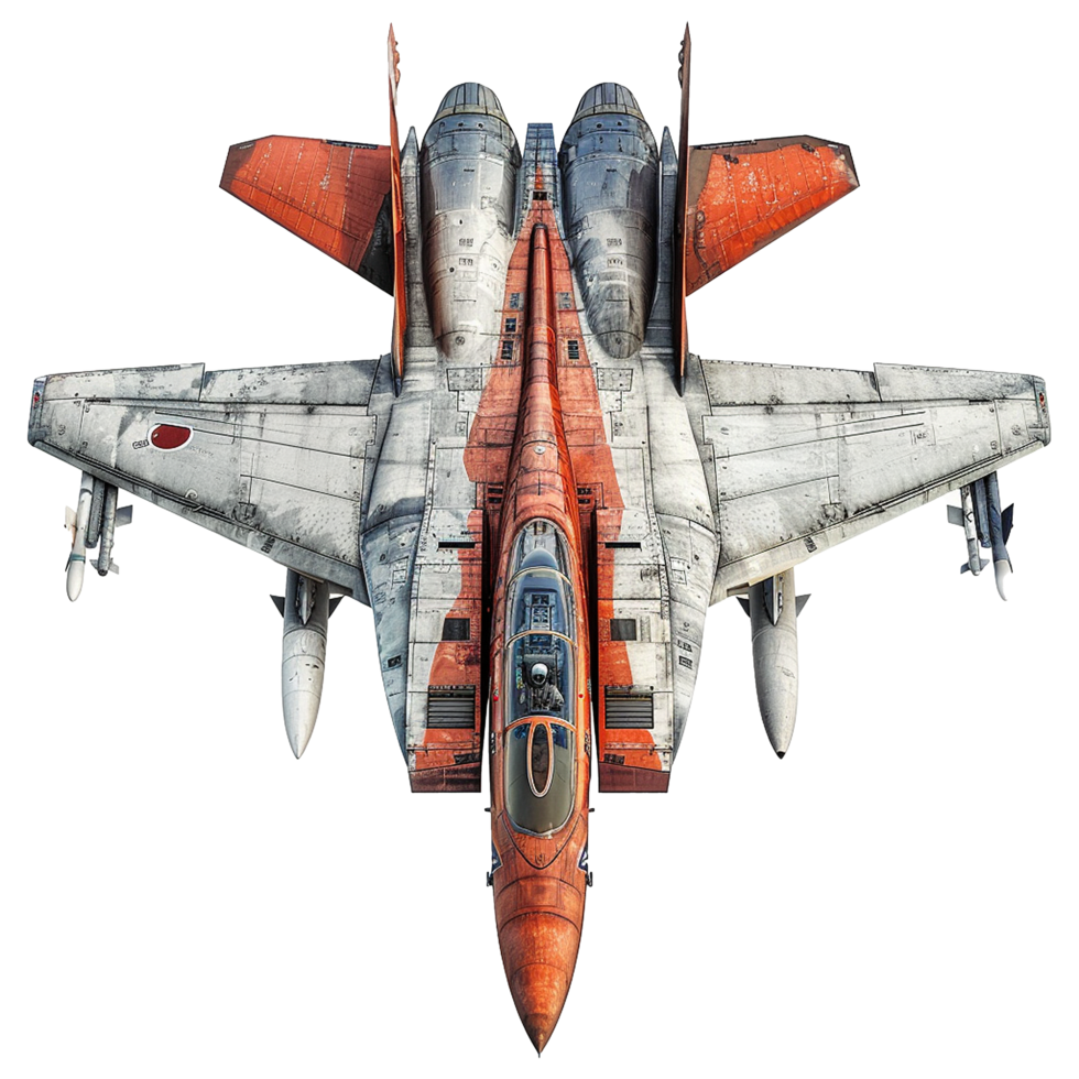 TopDown View of a Weathered Orange and Gray Fighter Jet with Missiles png